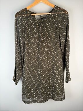 Stile Benetton Olive Green Floral Shift Dress Boho Cottagecore Size XS